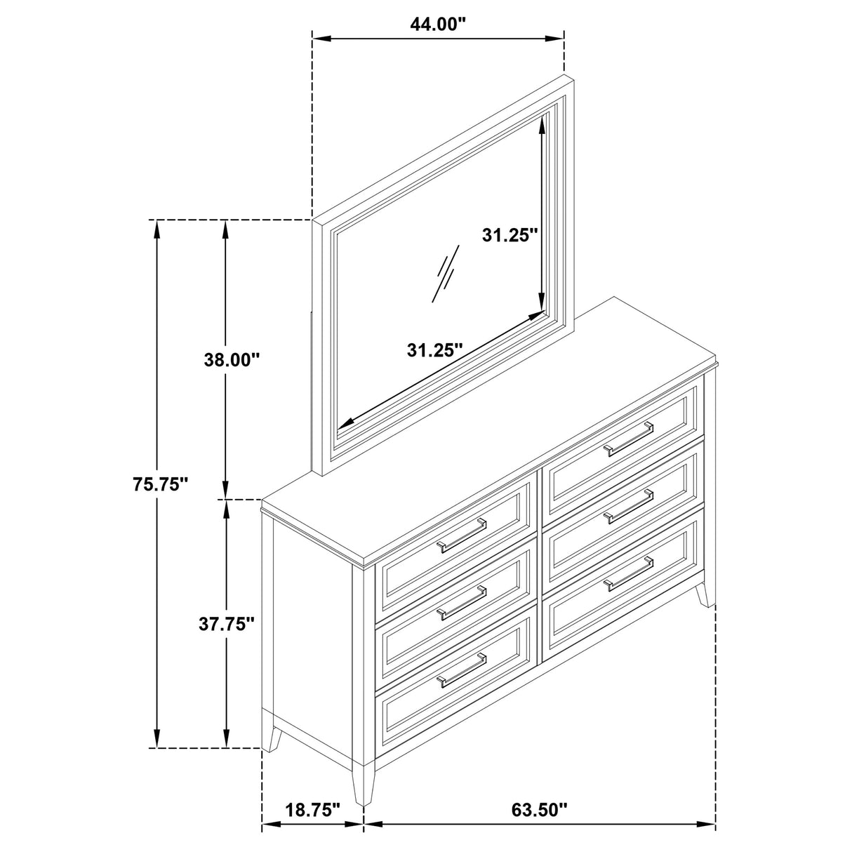 Marielle 6-Drawer Dresser with Mirror in Distressed White