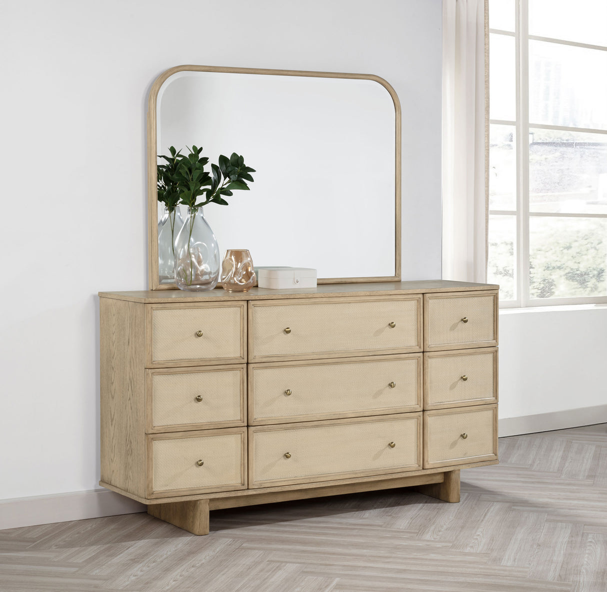 Kailani 9-Drawer Dresser and Mirror in Beige Oak