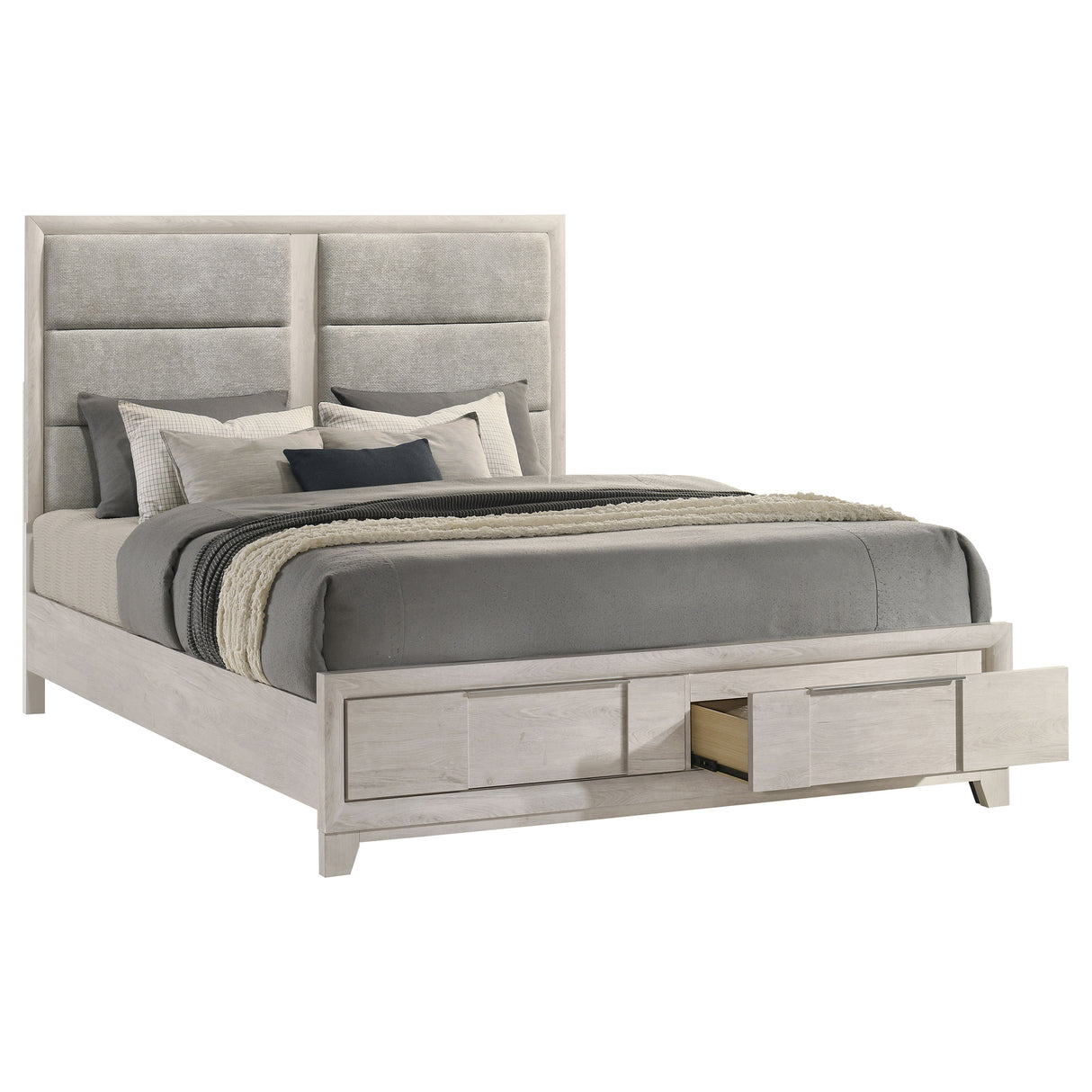 Farre Eastern King Upholstered Storage Platform Bed, Washed Grey