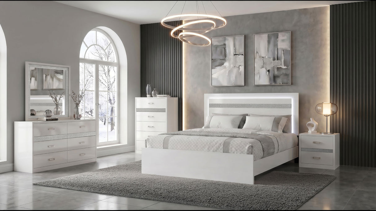 White High Gloss Eastern King Bed with LED Lighting