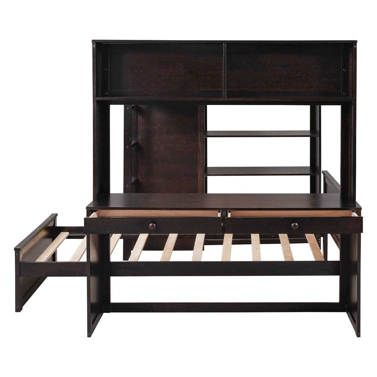 Loft Bed With A Twin Size Standalone Bed, Shelves, Desk, And Wardrobe