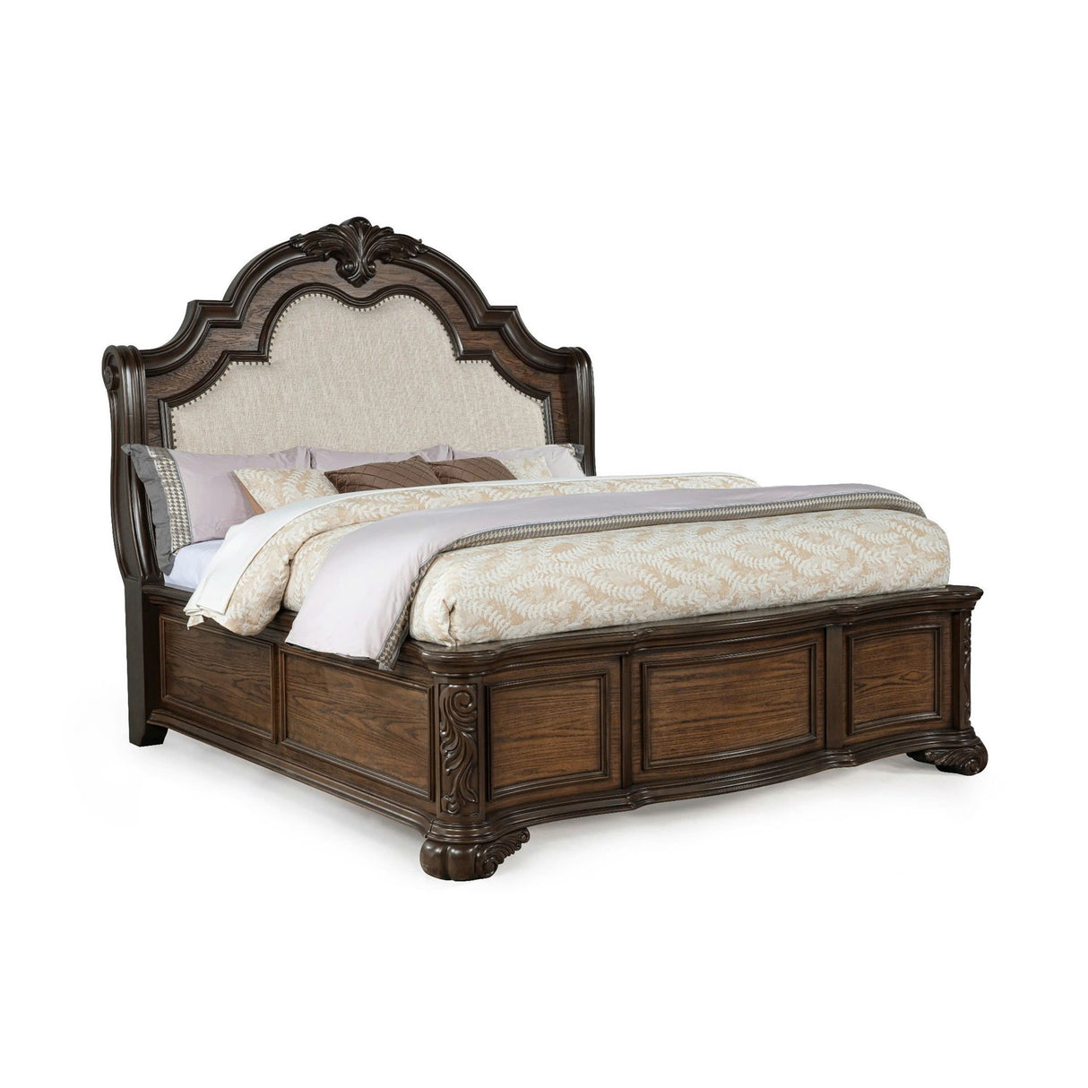 Queen Panel Bed Upholstered Headboard Tufted Nail Head Trim - Brown / Coffee