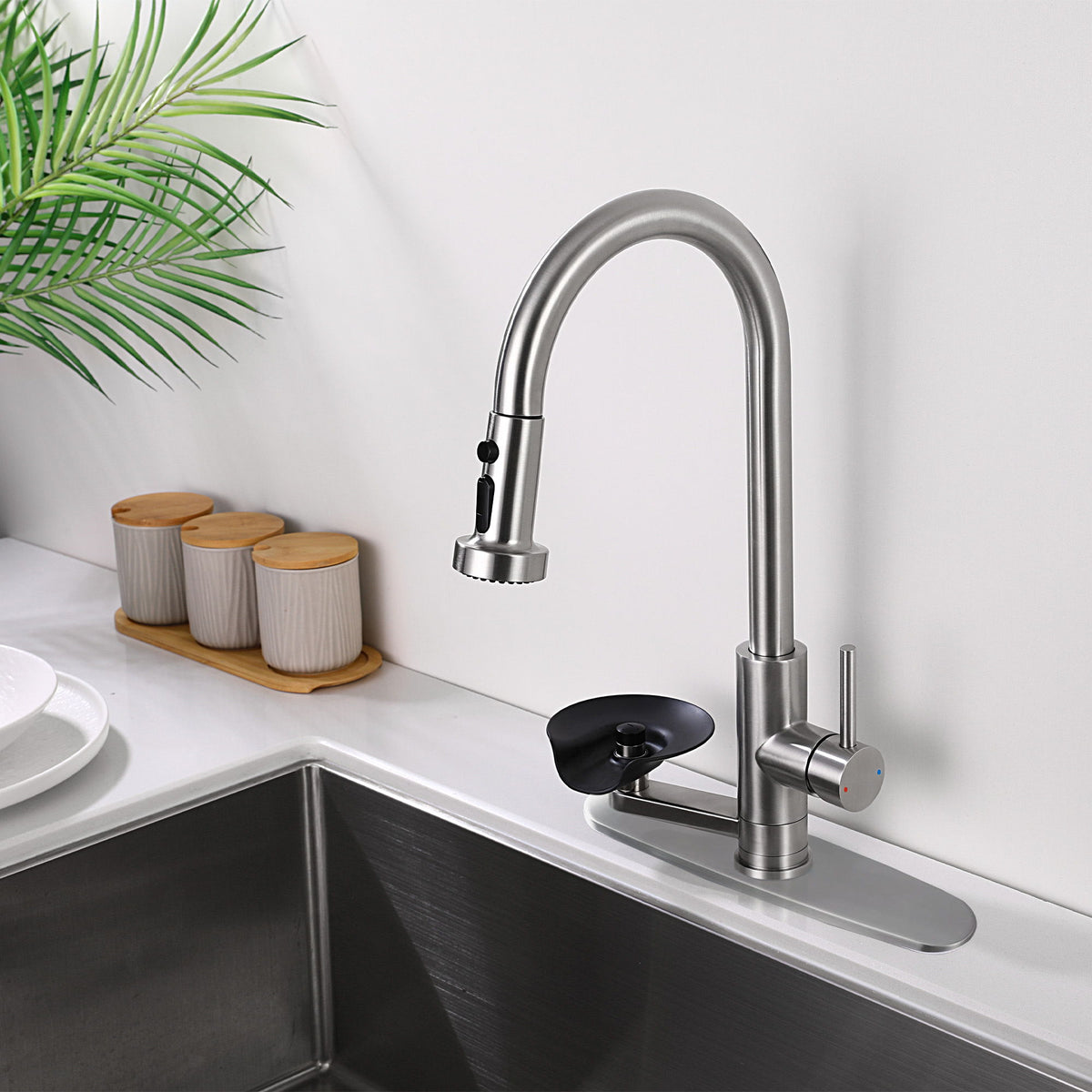 3 In 1 Kitchen Faucet With Press Type Glass Rinser, High Arc Pull Down Sprayer