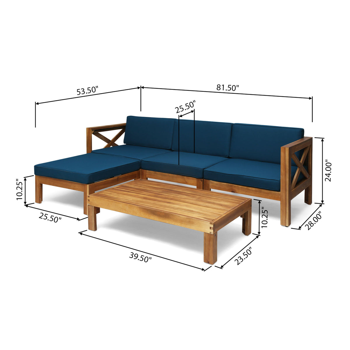 Radiat 5 Piece Outdoor L Shaped Sof Set With Coffee Table And Water Resistant Cushions - Teak