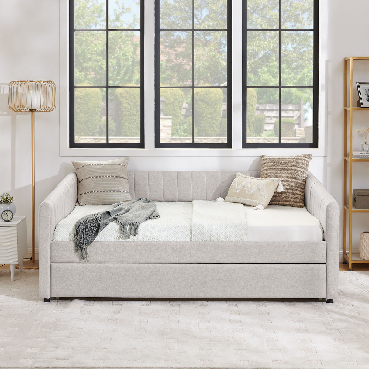 Upholstered Daybed With Trundle With Vertical Stripes