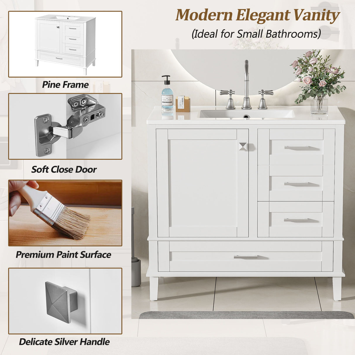 Bathroom Vanity, Modern Bathroom Cabinet With Sink Combo Set, Bathroom Storage Cabinet With A Soft Closing Door And 3 Drawers, Solid Wood Frame