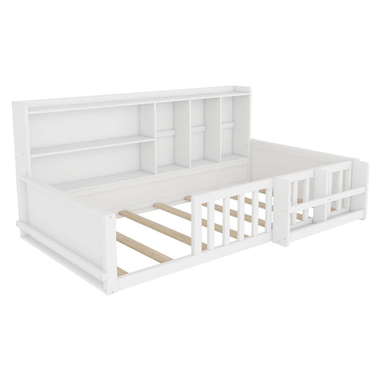 Platform Bed Frame With Guardrail, Storage Shelves & Bookshelf