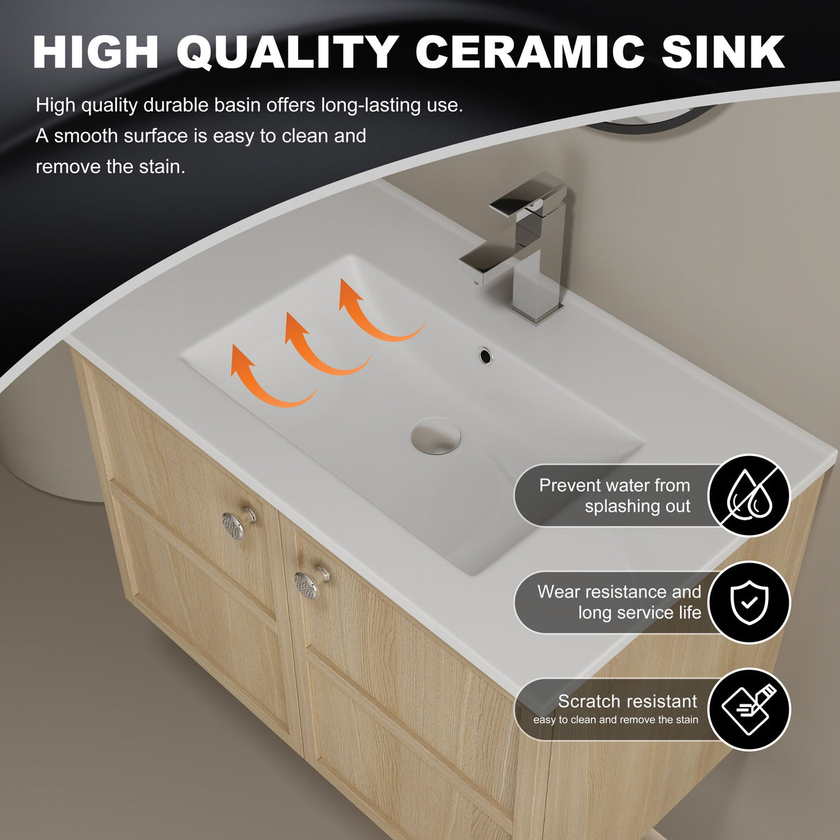Wall Mounted Bathroom Vanity With Ceramic Sink And 2 Soft Closing Doors