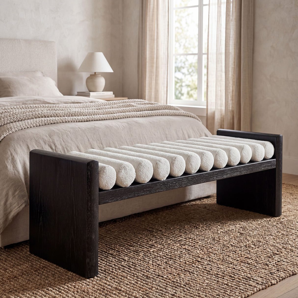 Upholstered Bench With Rolled Cushions - Black / Beige