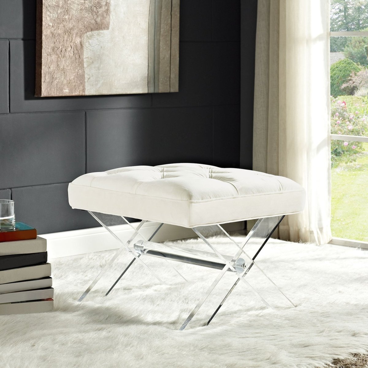 23 Inch Elegant Tufted Velvet Ottoman Bench in Ivory - Benches available at Alpine Outlets in Denver