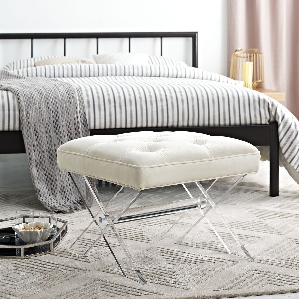 23 Inch Elegant Tufted Velvet Ottoman Bench in Ivory - Benches available at Alpine Outlets in Denver