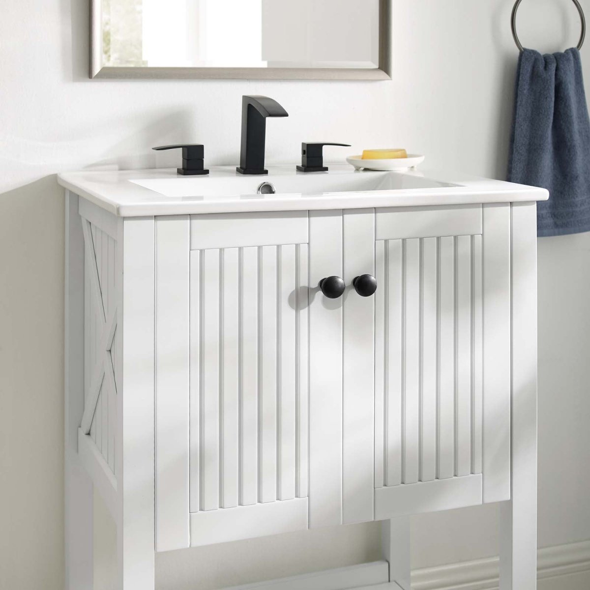 23" White Rustic Modern Bathroom Vanity Cabinet – Slatted Design - Bathroom Fixtures - Alpine Outlets