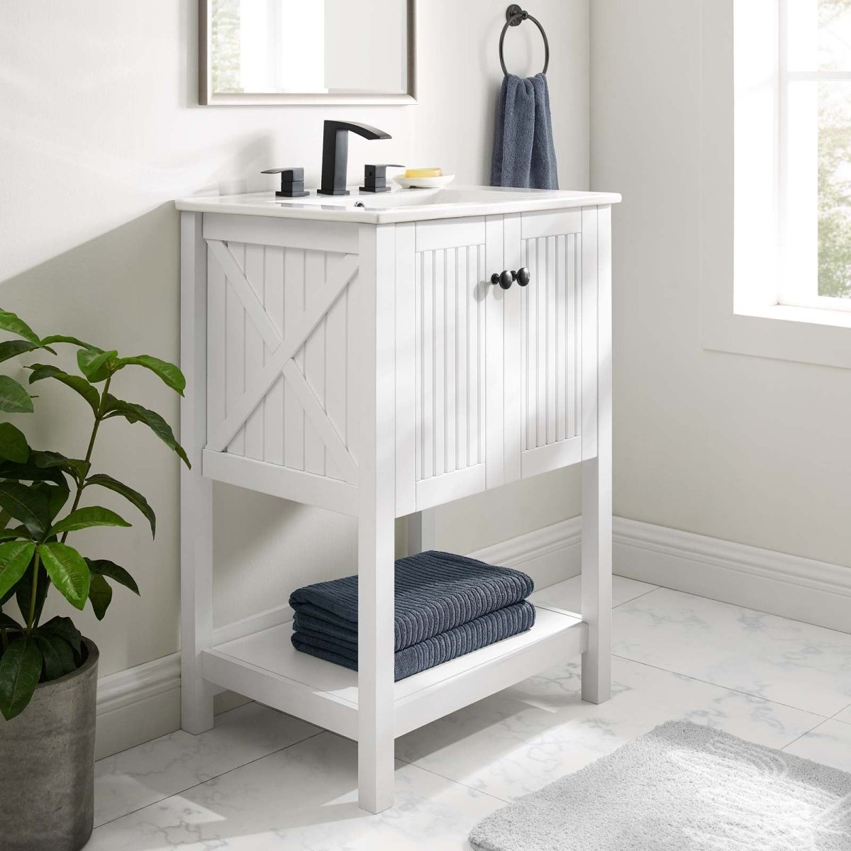 23" White Rustic Modern Bathroom Vanity Cabinet – Slatted Design - Bathroom Fixtures - Alpine Outlets