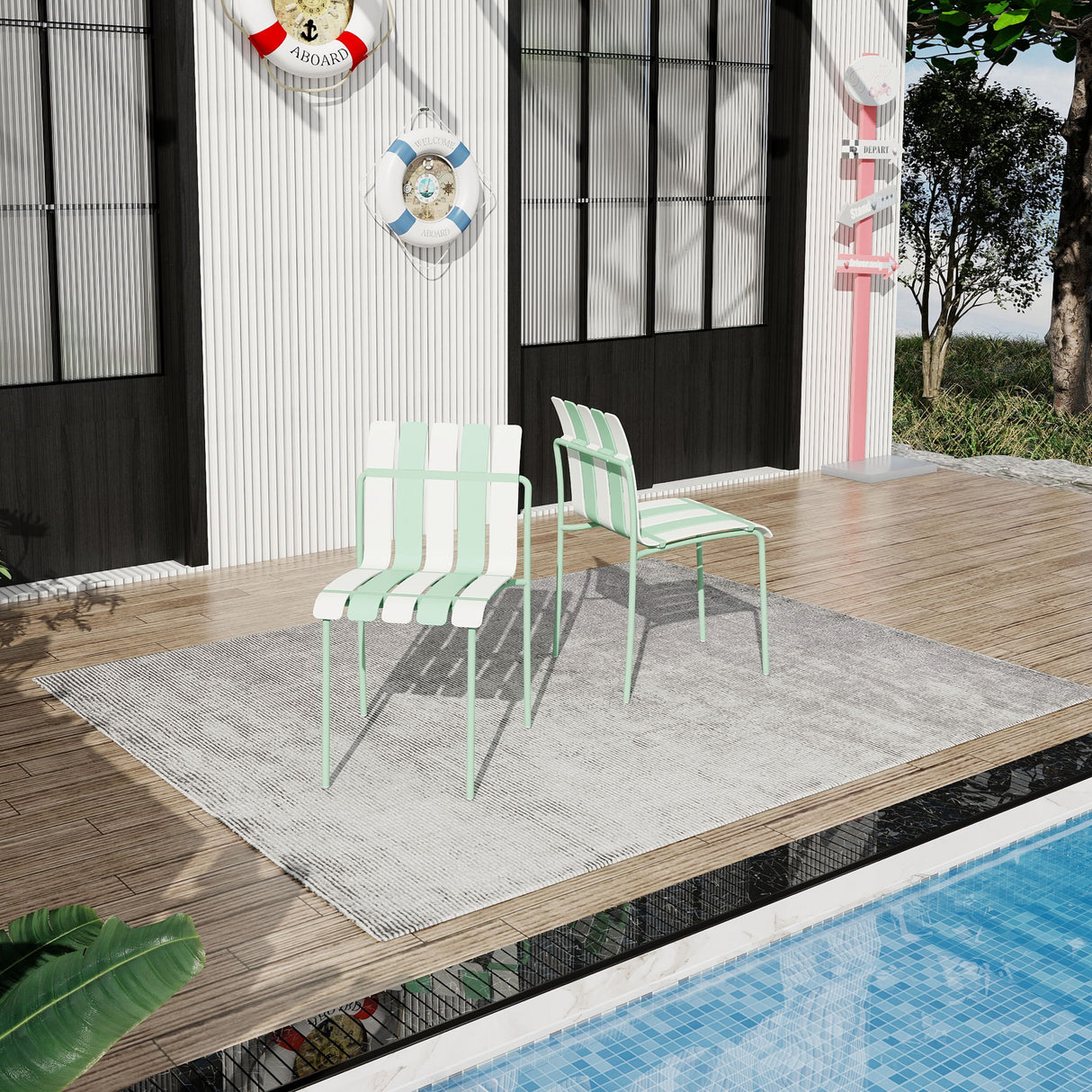 Single Chairs With Color Blocking Design (Set of 4) - Haze Green / White