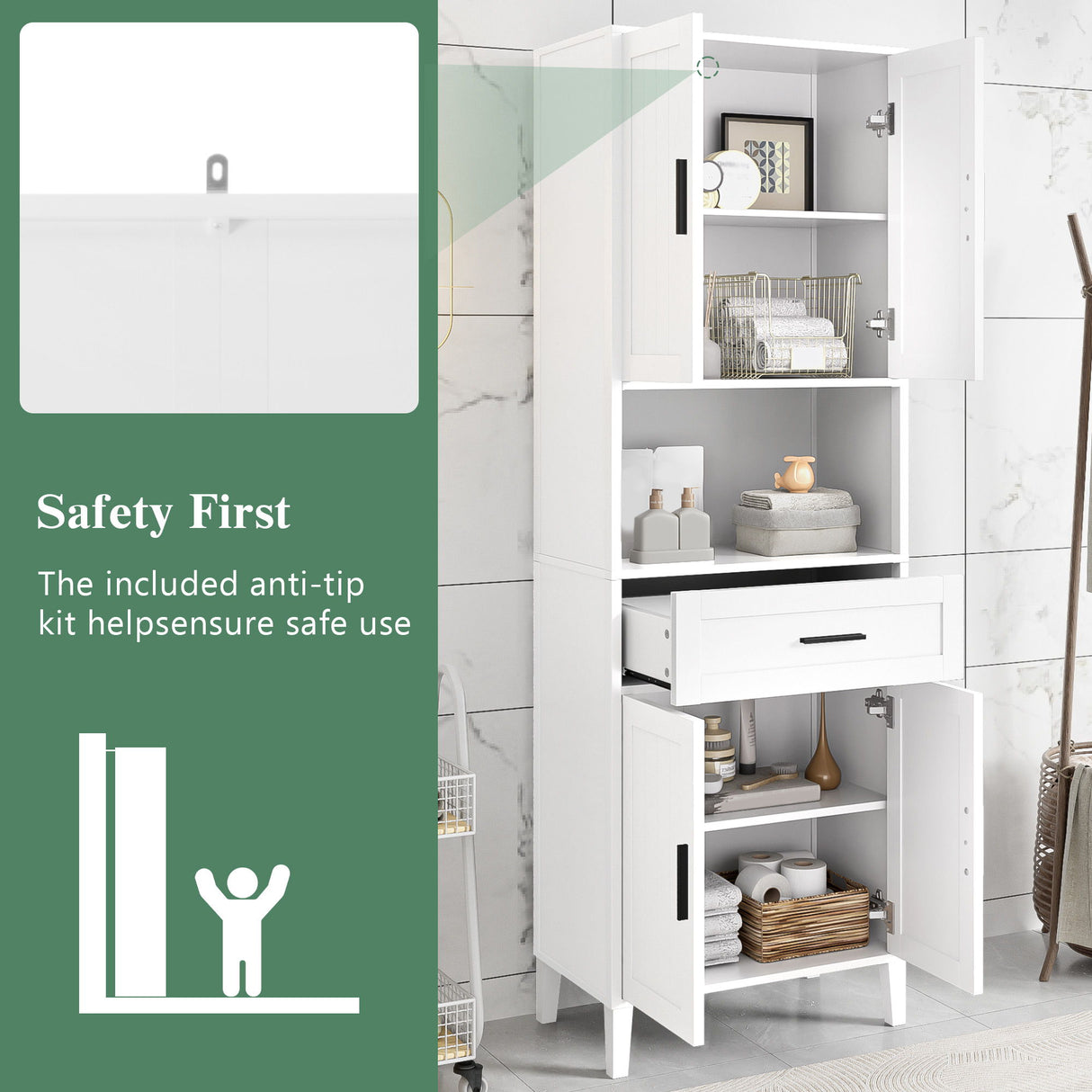 Freestanding Tall Bathroom Cabinet With Soft Close Doors And Adjustable Shelves