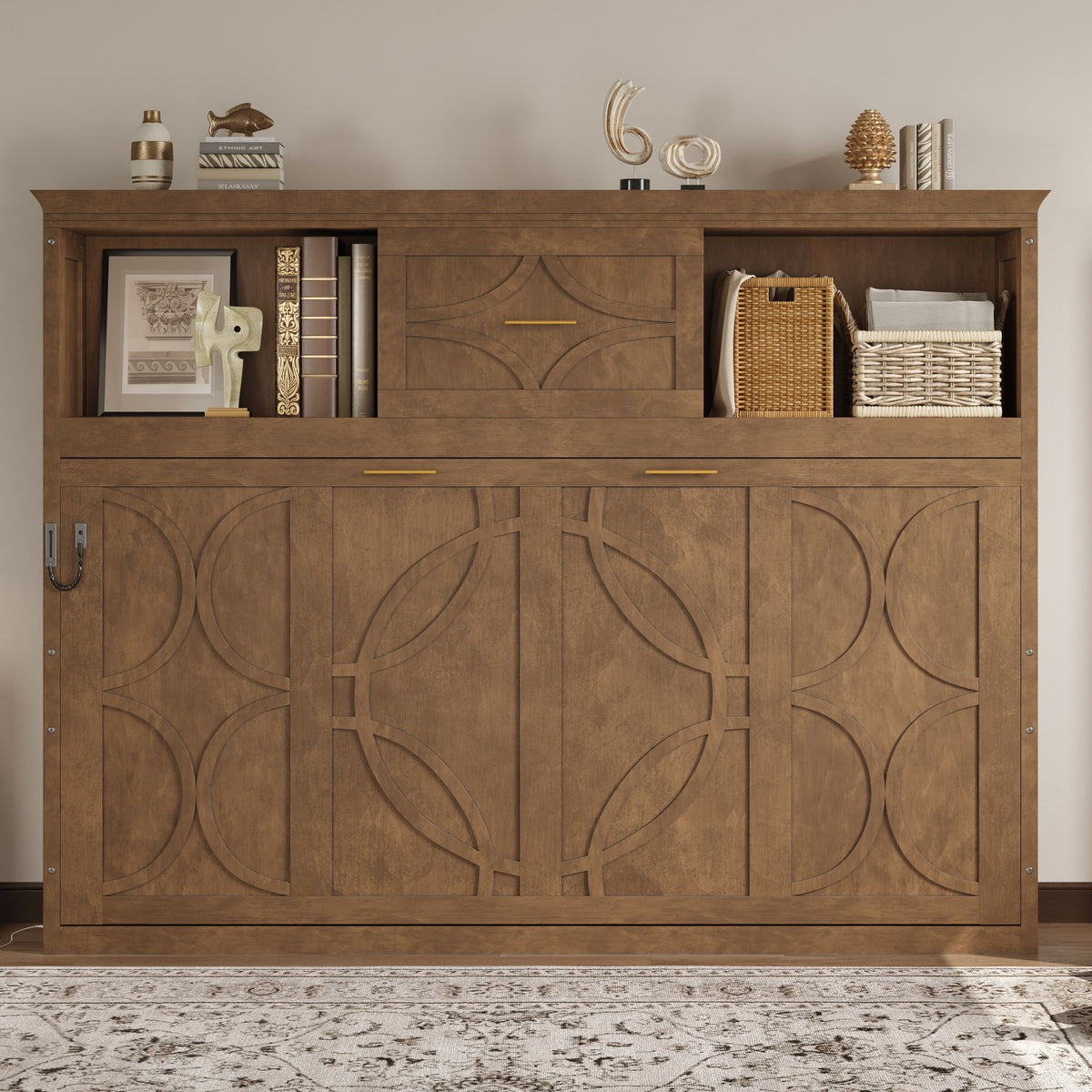 Twin Size Murphy Bed With Charging Station And Drawer - Wood
