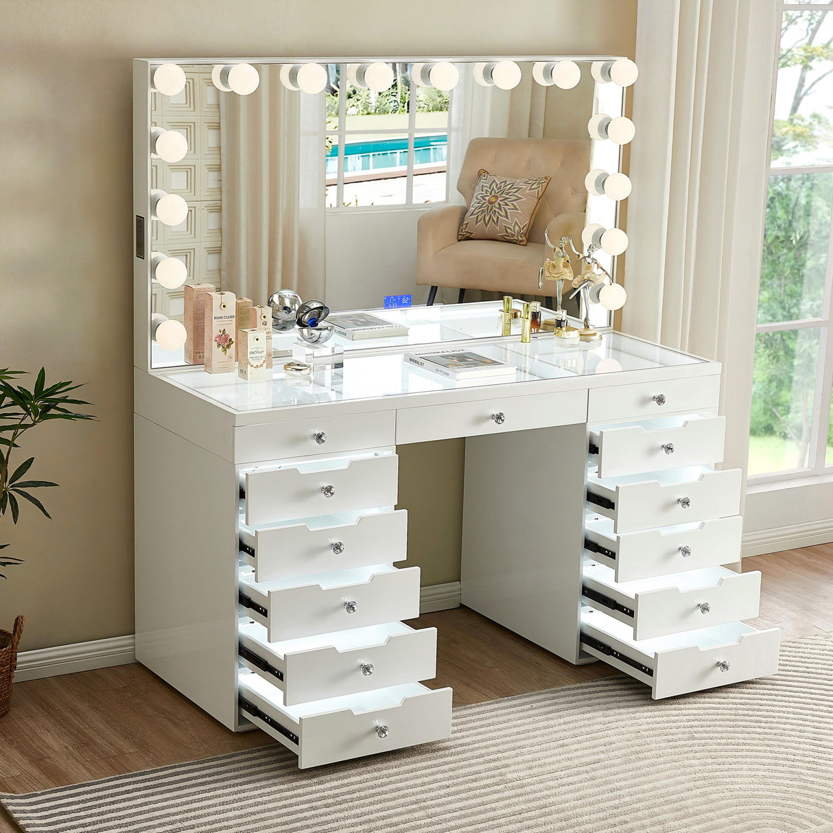 LED Lighted Makeup Vanity Desk With 16 Bulbs Mirror, 13 Drawers Dressing Table For Bedroom - Gloss White