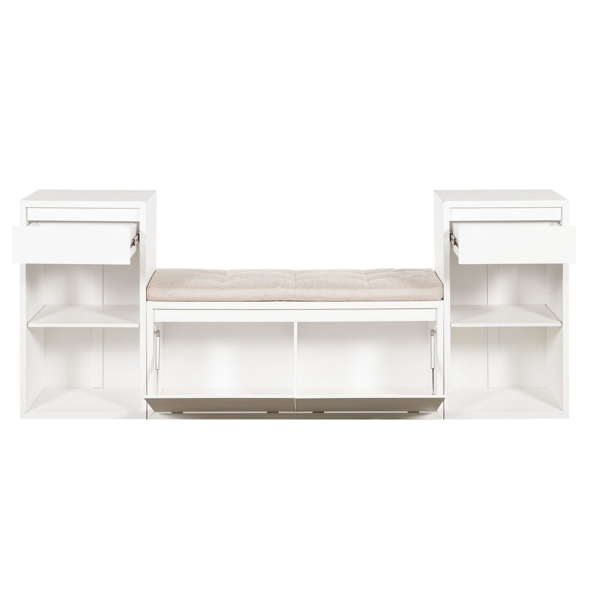 Entryway Storage Bench With Cushion, Drawers & Open Shelves