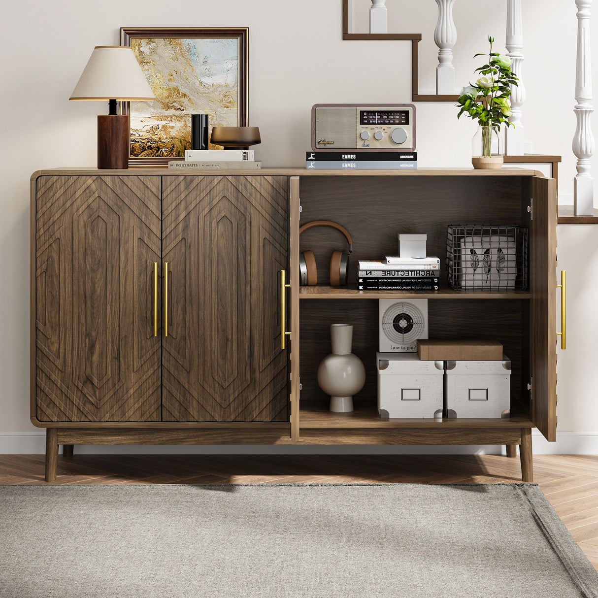 Modern Carved 4 Door Sideboard Buffet Cabinet With Storage, Adjustable Layer Board - Walnut