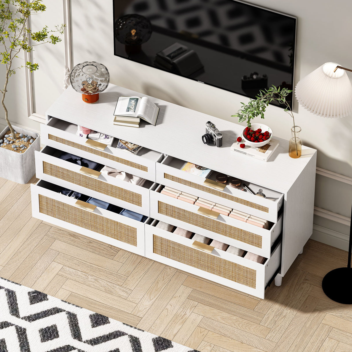 Rattan Dresser With 6 Drawers, Wooden Legs & Metal Handle