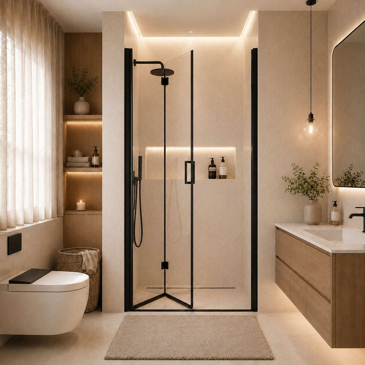Semi Frameless Bifold Shower Door, Reversible Pivot Hinge, Space Saving Bathroom Panel - Matte Black