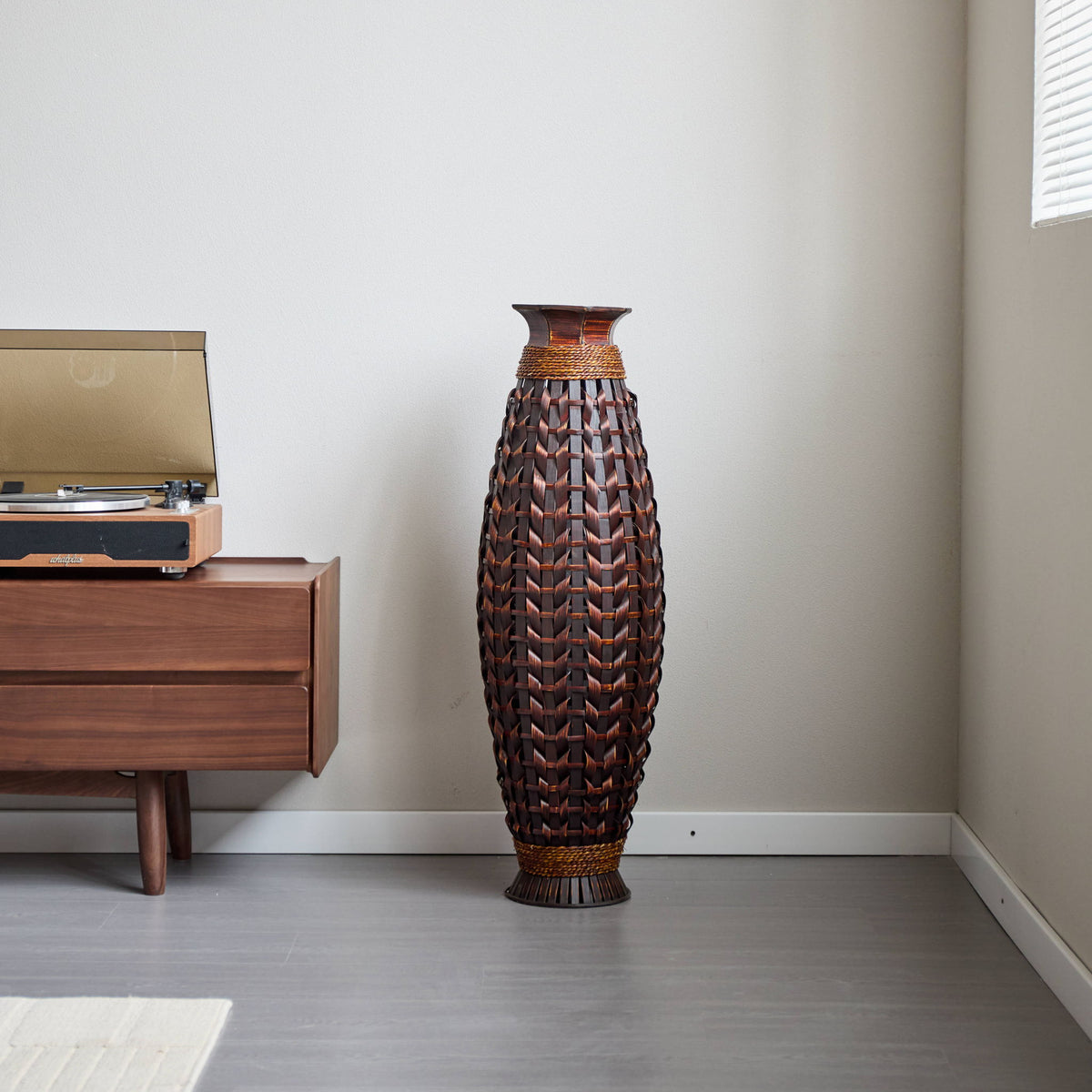 Hand Woven Bamboo Floor Vase, Decorative Accent For Living Room - Acacia Wood