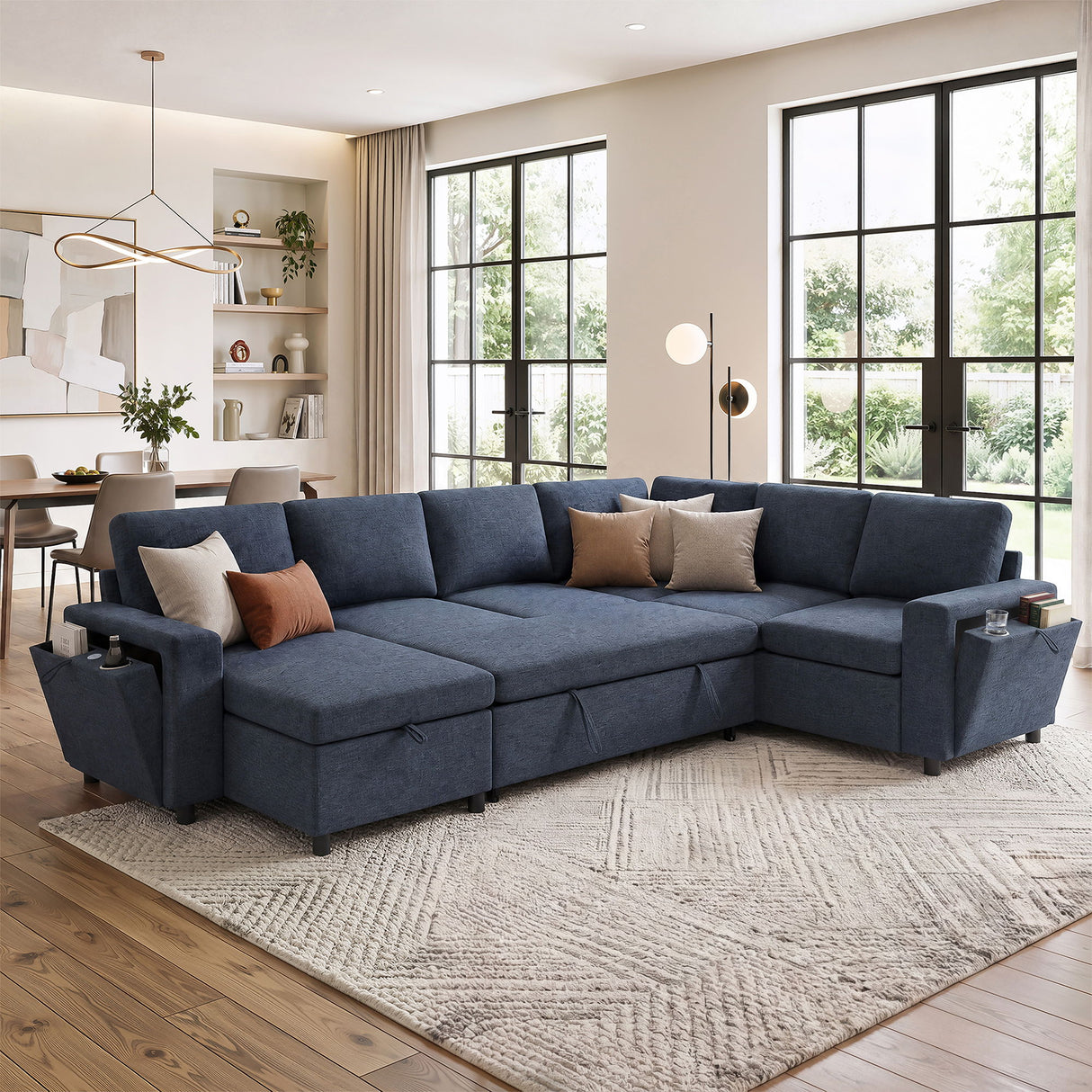 U - Shaped Convertible Sectional Sofa Bed With Storage, USB Charger & Cup Holders