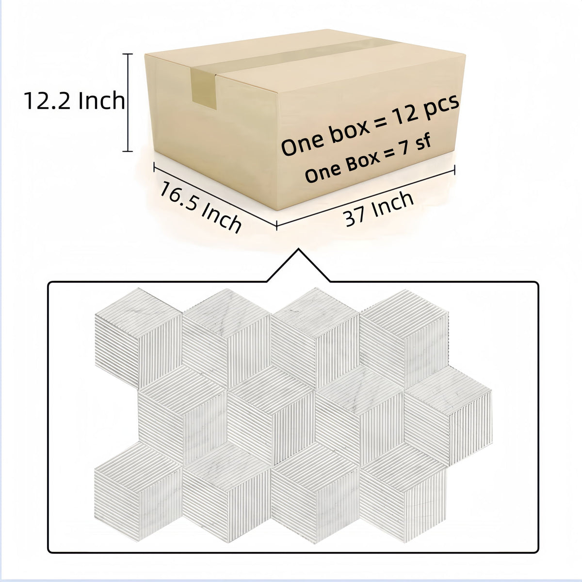 Hexagon Natural Stone Marble Tile, 3D Fluted (Set of 12)