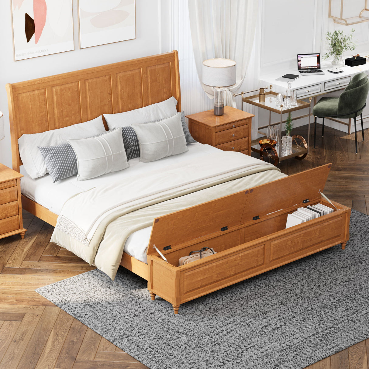 Sleigh Bed Frame With Tall Headboard And Storage Bench