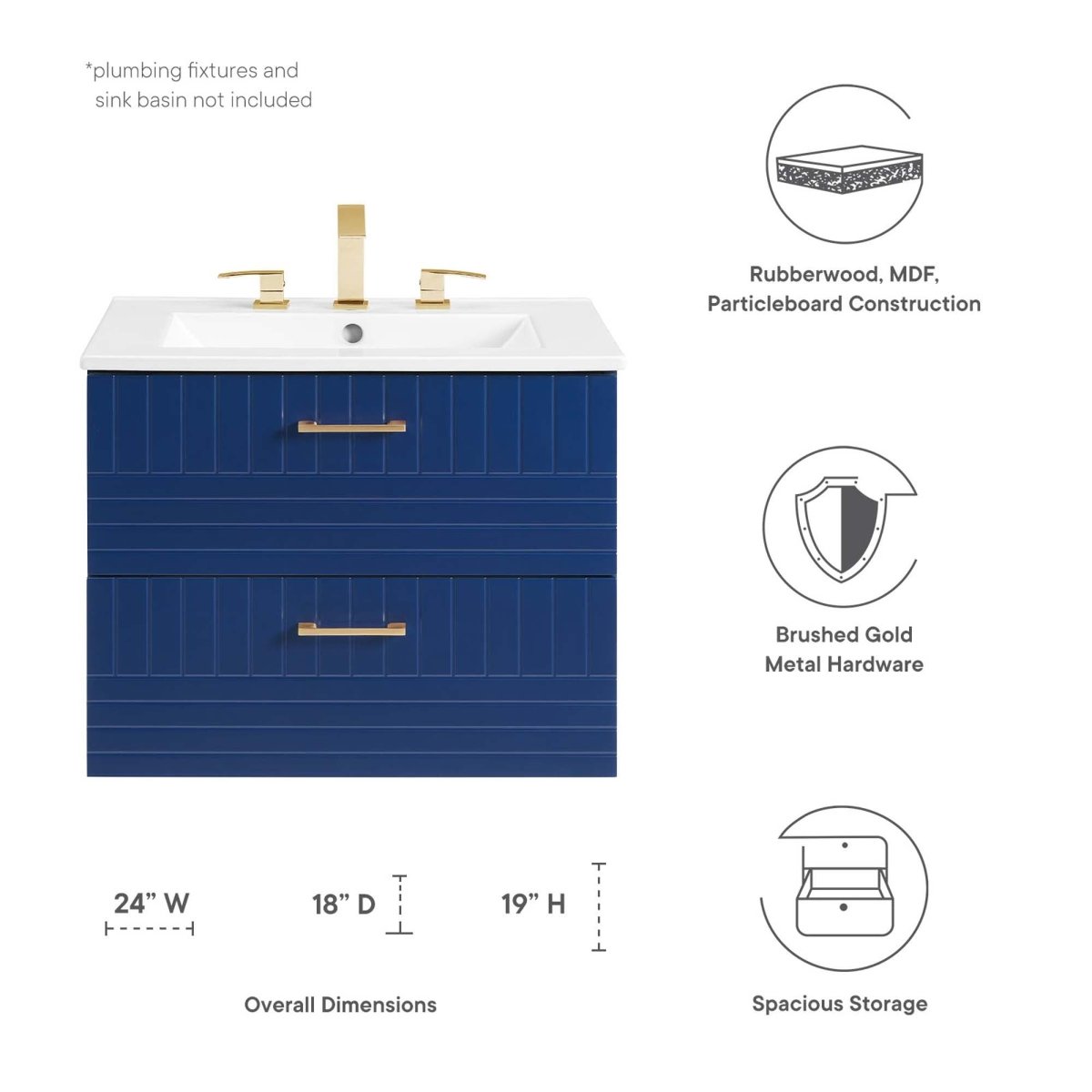 24" Blue Modern Wall-Mount Bathroom Vanity – Gold Hardware - Bathroom Fixtures - Alpine Outlets