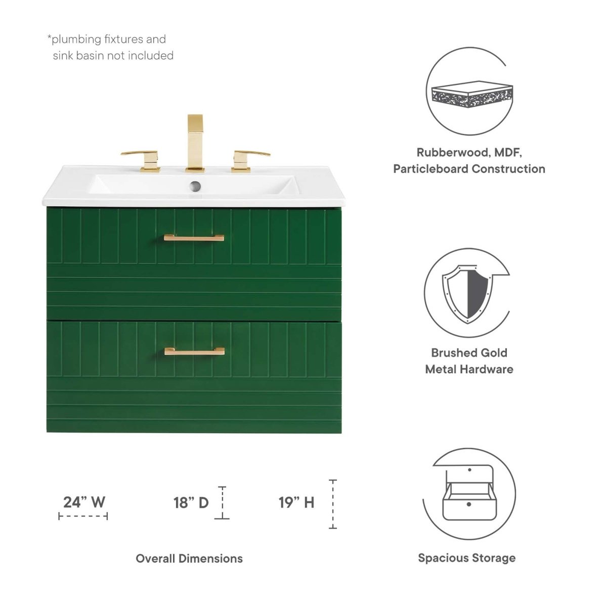 24" Green Modern Wall-Mount Bathroom Vanity – Gold Hardware - Bathroom Fixtures - Alpine Outlets