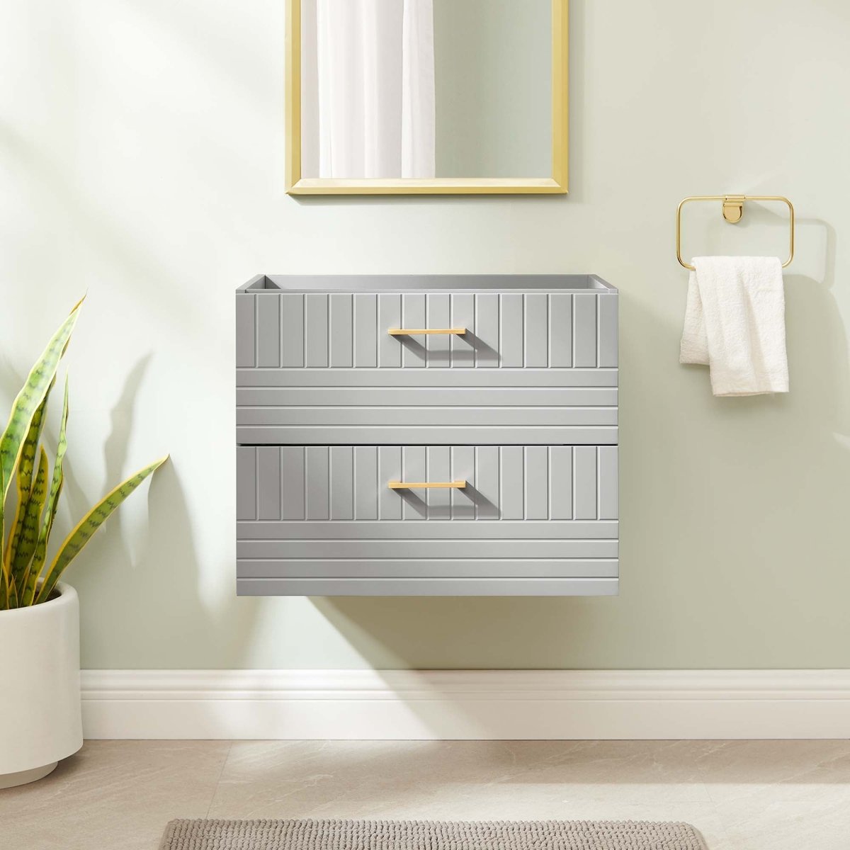 24" Light Gray Modern Wall-Mount Bathroom Vanity – Gold Hardware - Bathroom Fixtures - Alpine Outlets