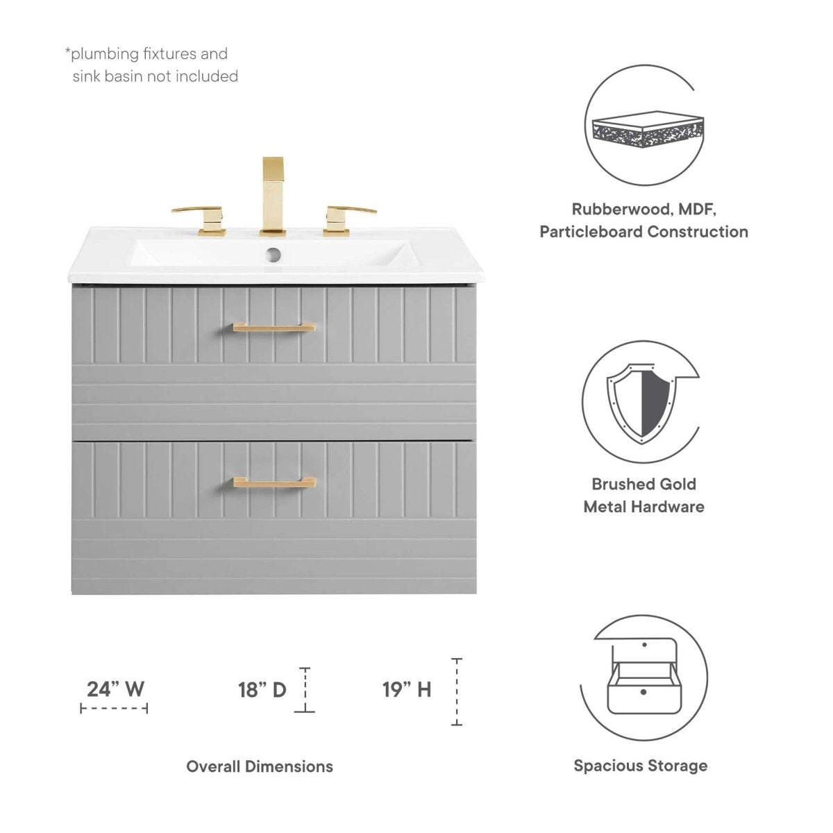 24" Light Gray Modern Wall-Mount Bathroom Vanity – Gold Hardware - Bathroom Fixtures - Alpine Outlets