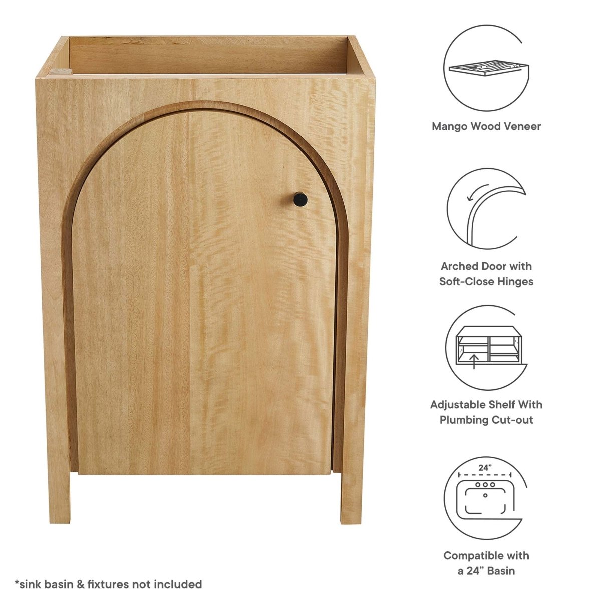 24" Oak Bathroom Vanity Cabinet – MDF and Mango Wood Veneer - Bathroom Fixtures - Alpine Outlets