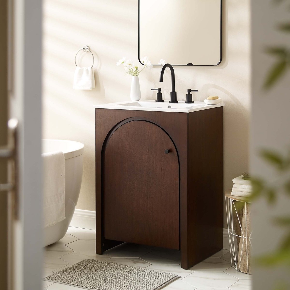 24" Walnut Bathroom Vanity Cabinet – MDF and Mango Wood Veneer - Bathroom Fixtures - Alpine Outlets