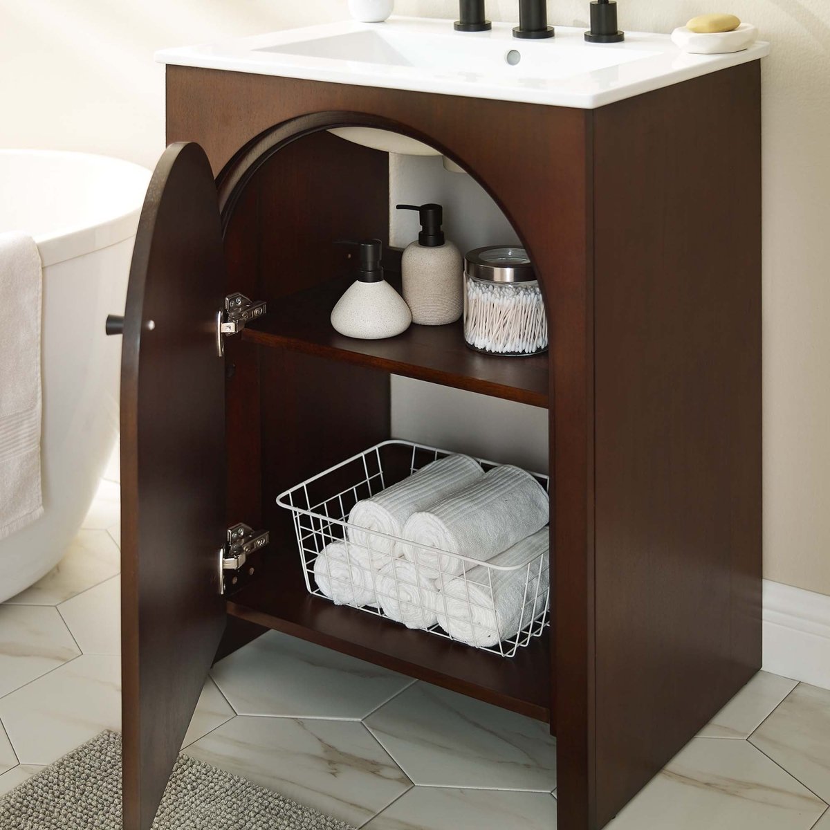24" Walnut Bathroom Vanity Cabinet – MDF and Mango Wood Veneer - Bathroom Fixtures - Alpine Outlets