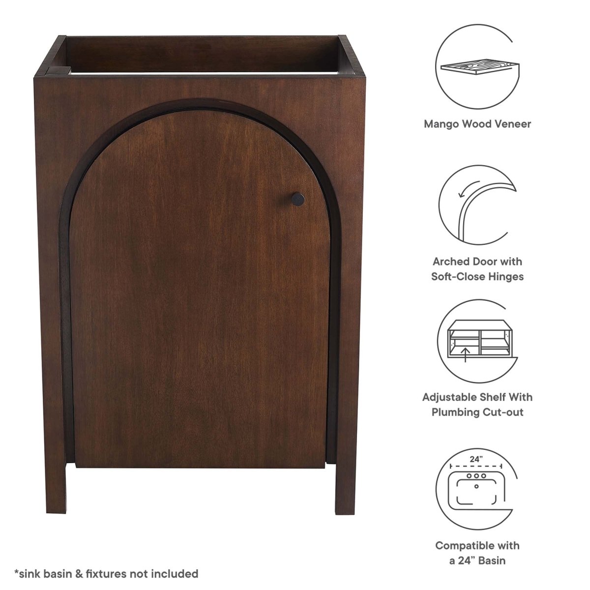 24" Walnut Bathroom Vanity Cabinet – MDF and Mango Wood Veneer - Bathroom Fixtures - Alpine Outlets