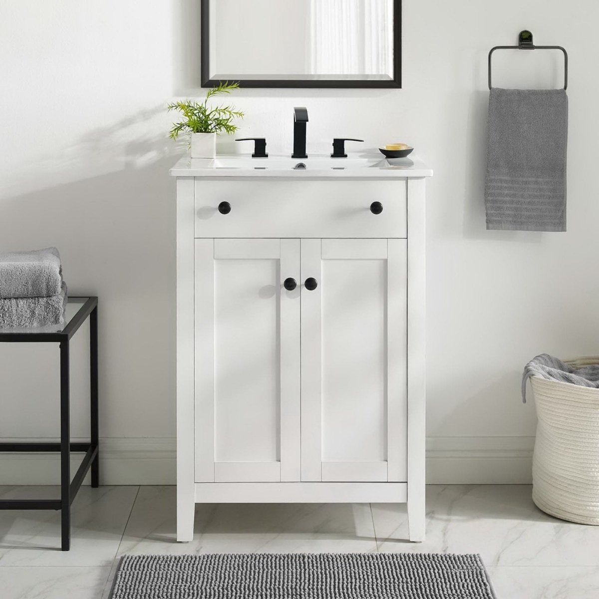24" White Bathroom Vanity Cabinet with Soft-Close Doors - Bathroom Fixtures - Alpine Outlets