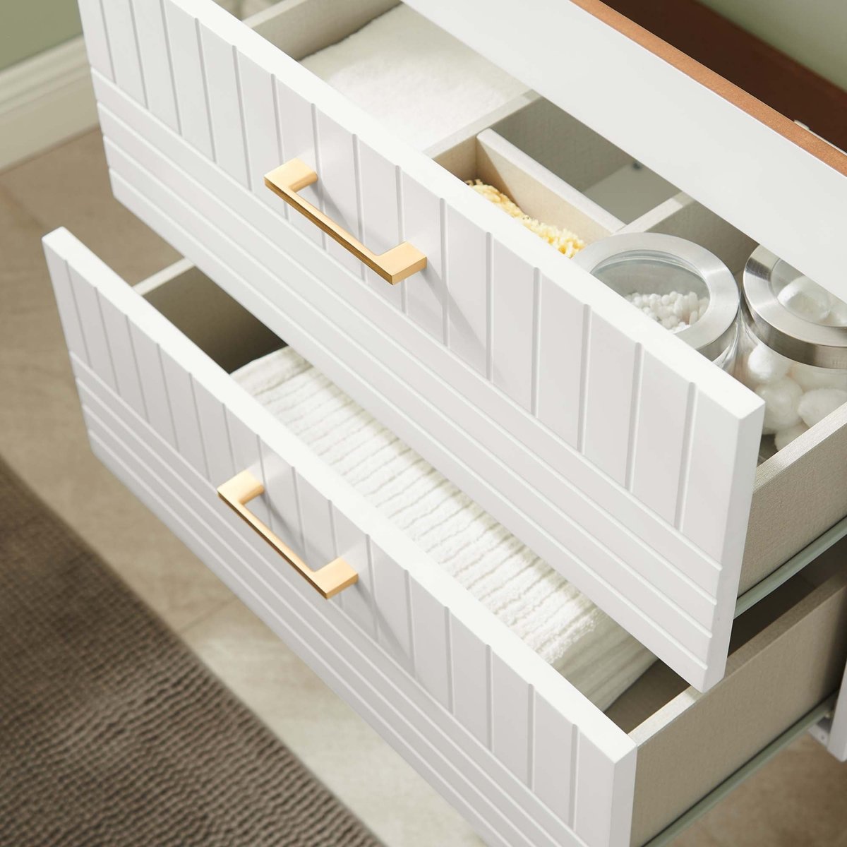 24" White Modern Wall-Mount Bathroom Vanity – Gold Hardware - Bathroom Fixtures - Alpine Outlets