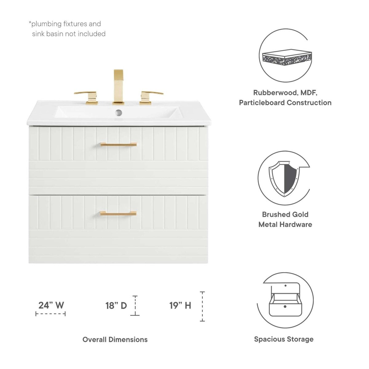 24" White Modern Wall-Mount Bathroom Vanity – Gold Hardware - Bathroom Fixtures - Alpine Outlets