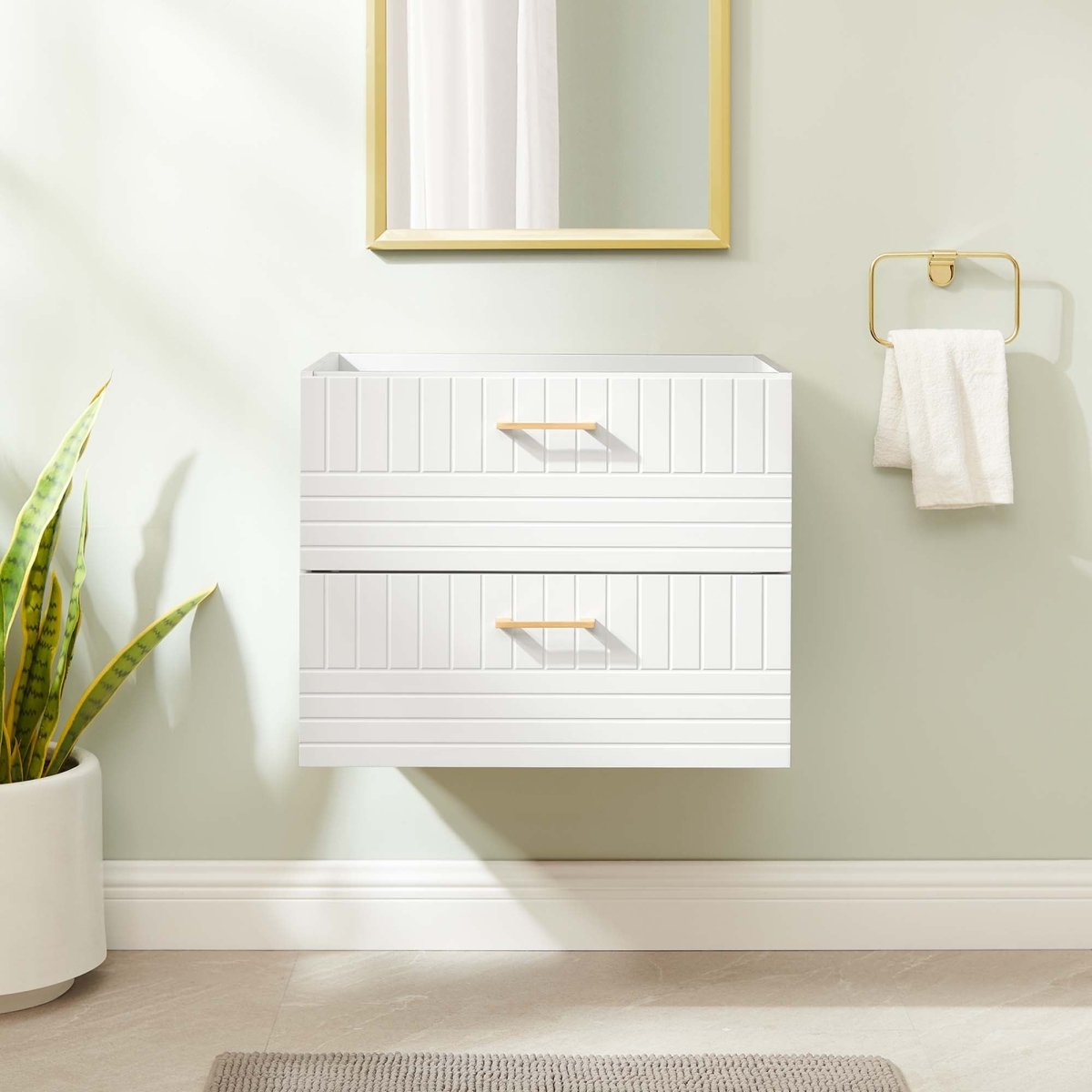 24" White Modern Wall-Mount Bathroom Vanity – Gold Hardware - Bathroom Fixtures - Alpine Outlets