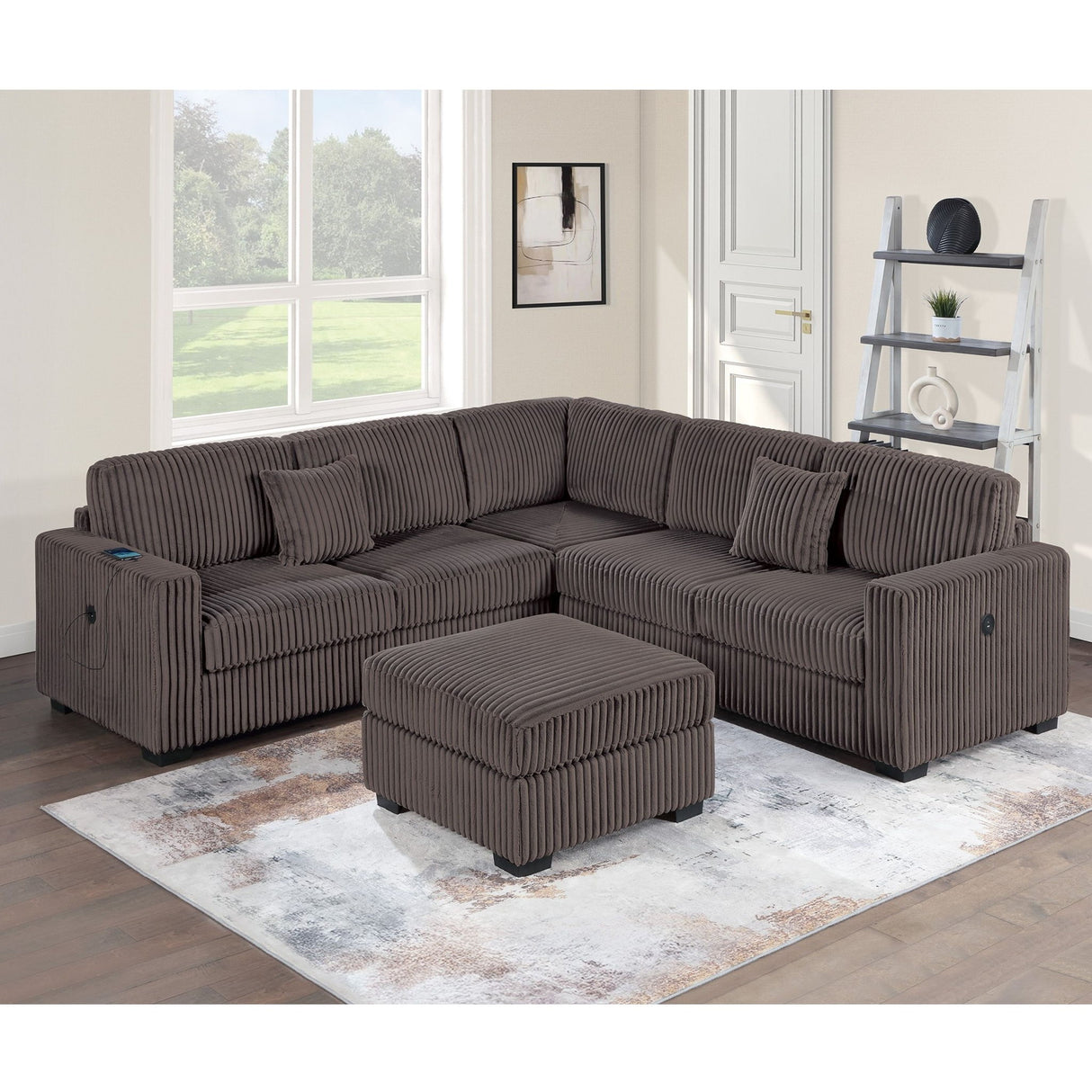 Upholstered L - Shaped 4 Piece Sectional Set With USB, Cocktail Ottoman