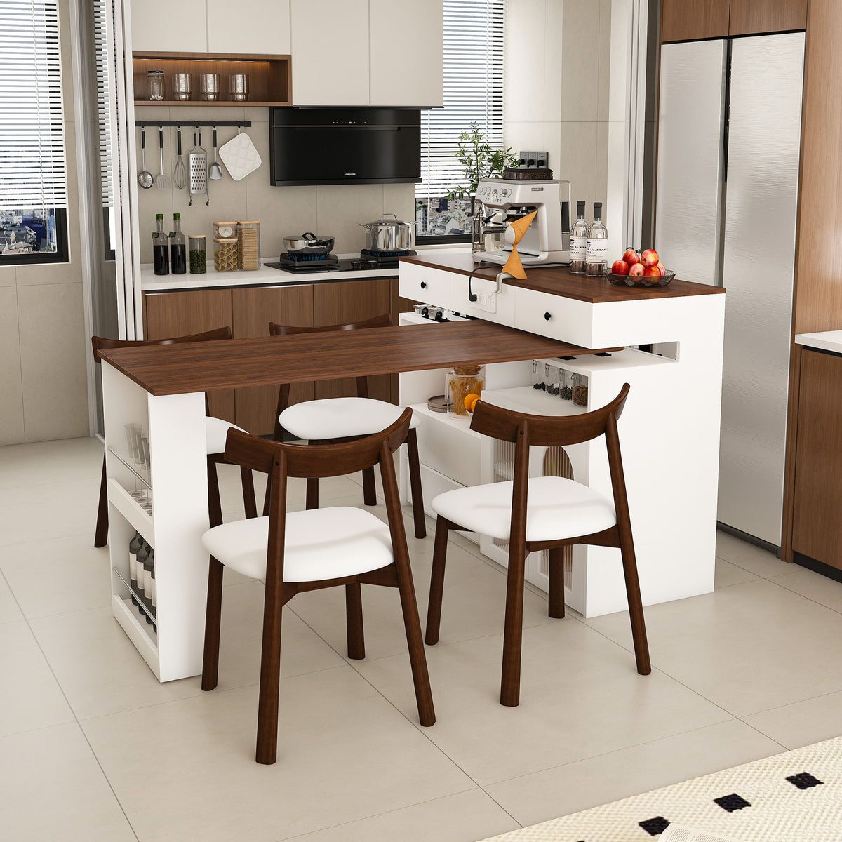 Kitchen Island Set With 4 Chairs, Extendable & Rotating Table, 4 Drawers & Glass Door Cabinets - Walnut