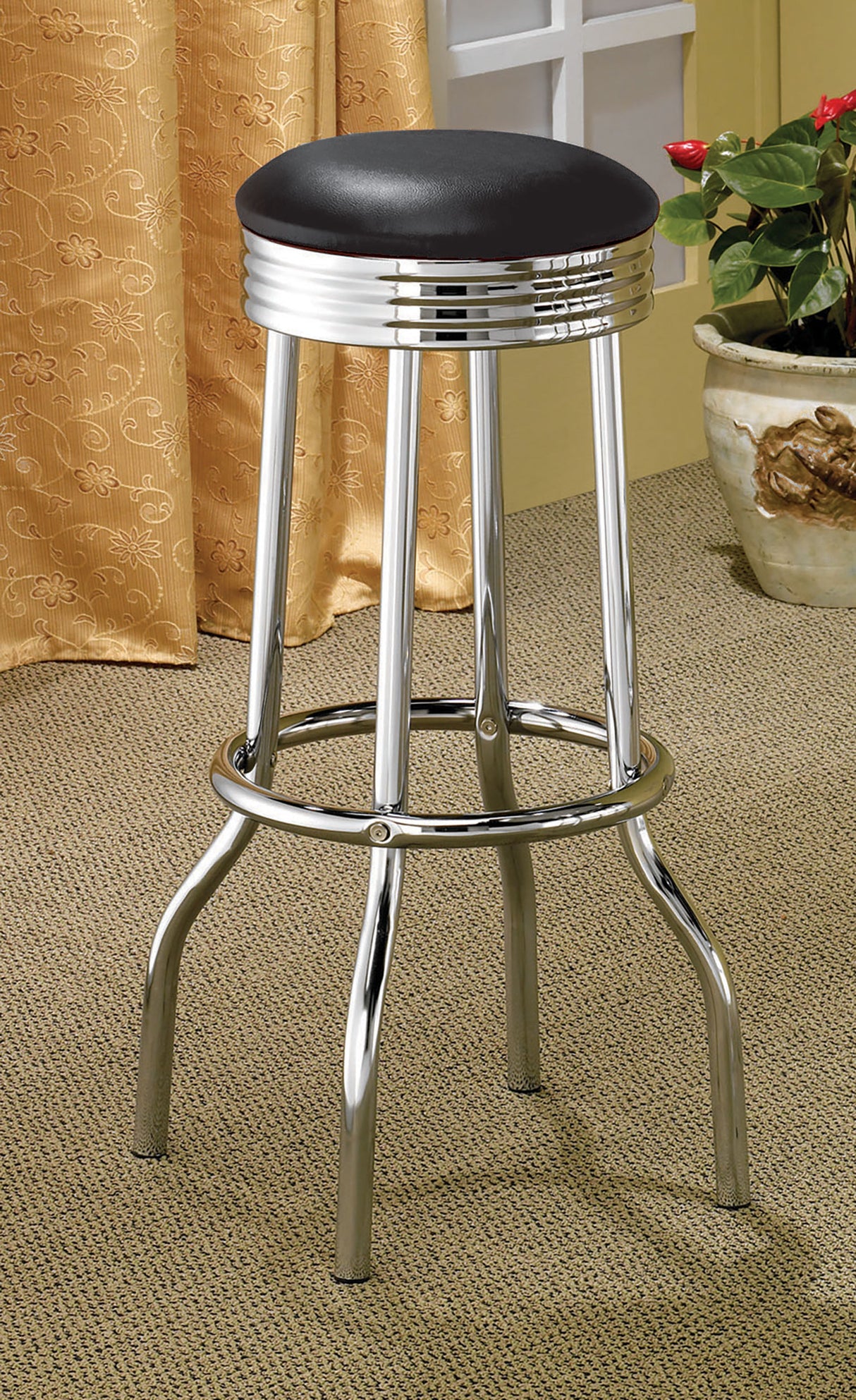Retro Black Leatherette Swivel Bar Stools with Chrome Base, Set of 2