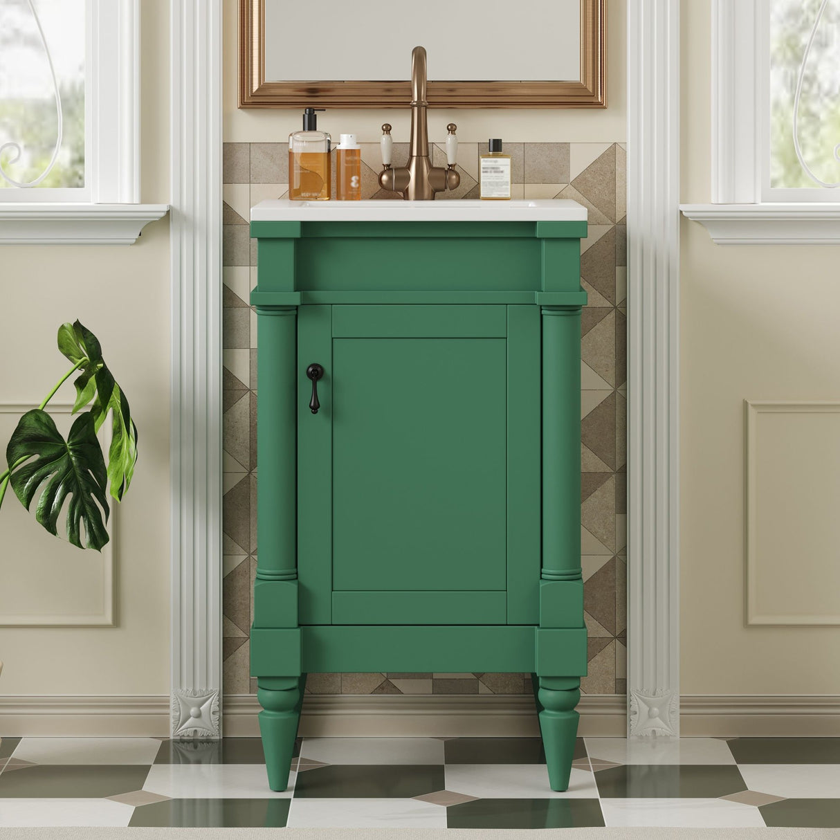 Bathroom Vanity With Sink, Compact Storage Cabinet With Door, Adjustable Shelf, Rectangular Style - Green
