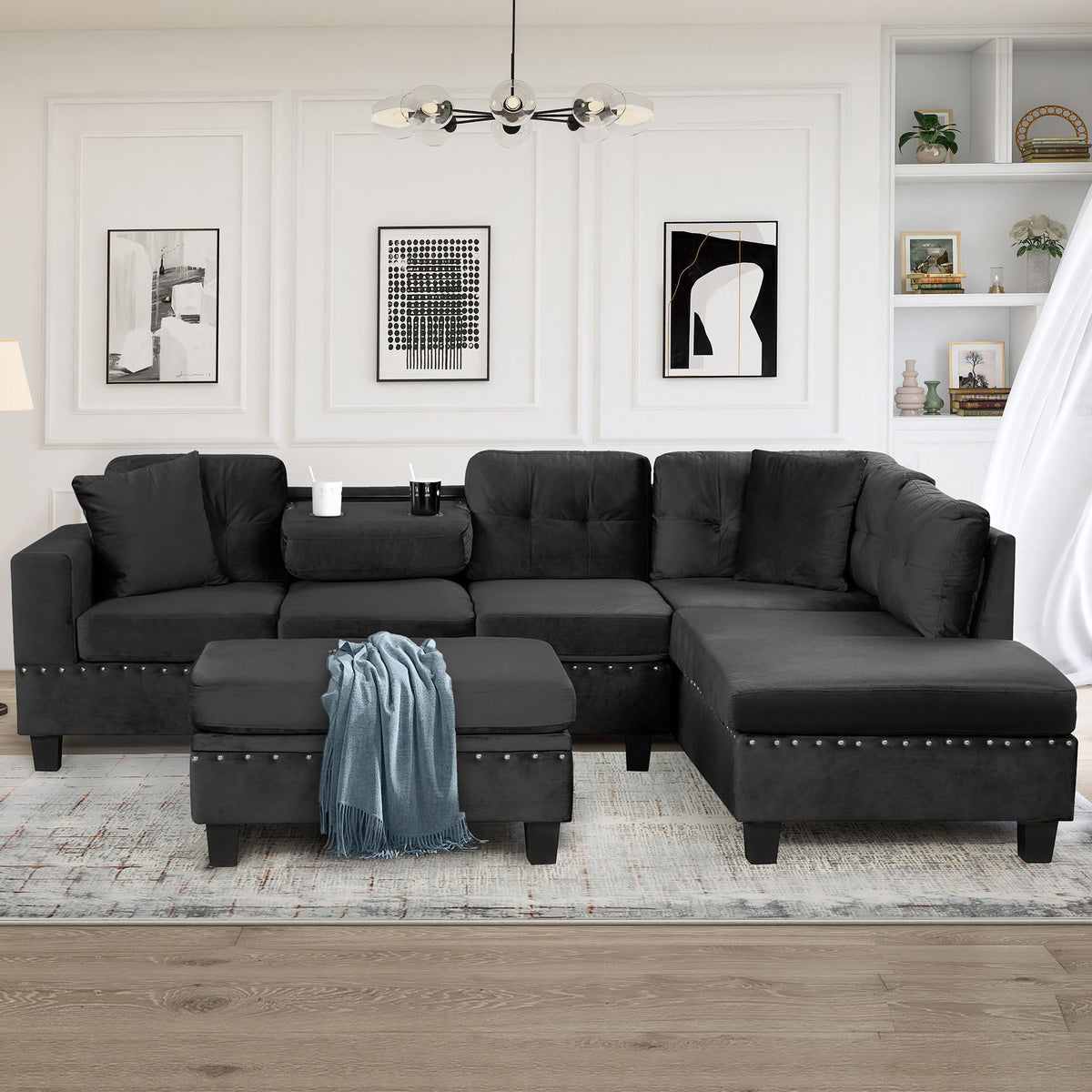 Modern Sectional Sofa With Storage Ottoman, L - Shape Couch With 2 Pillows And Cup Holders