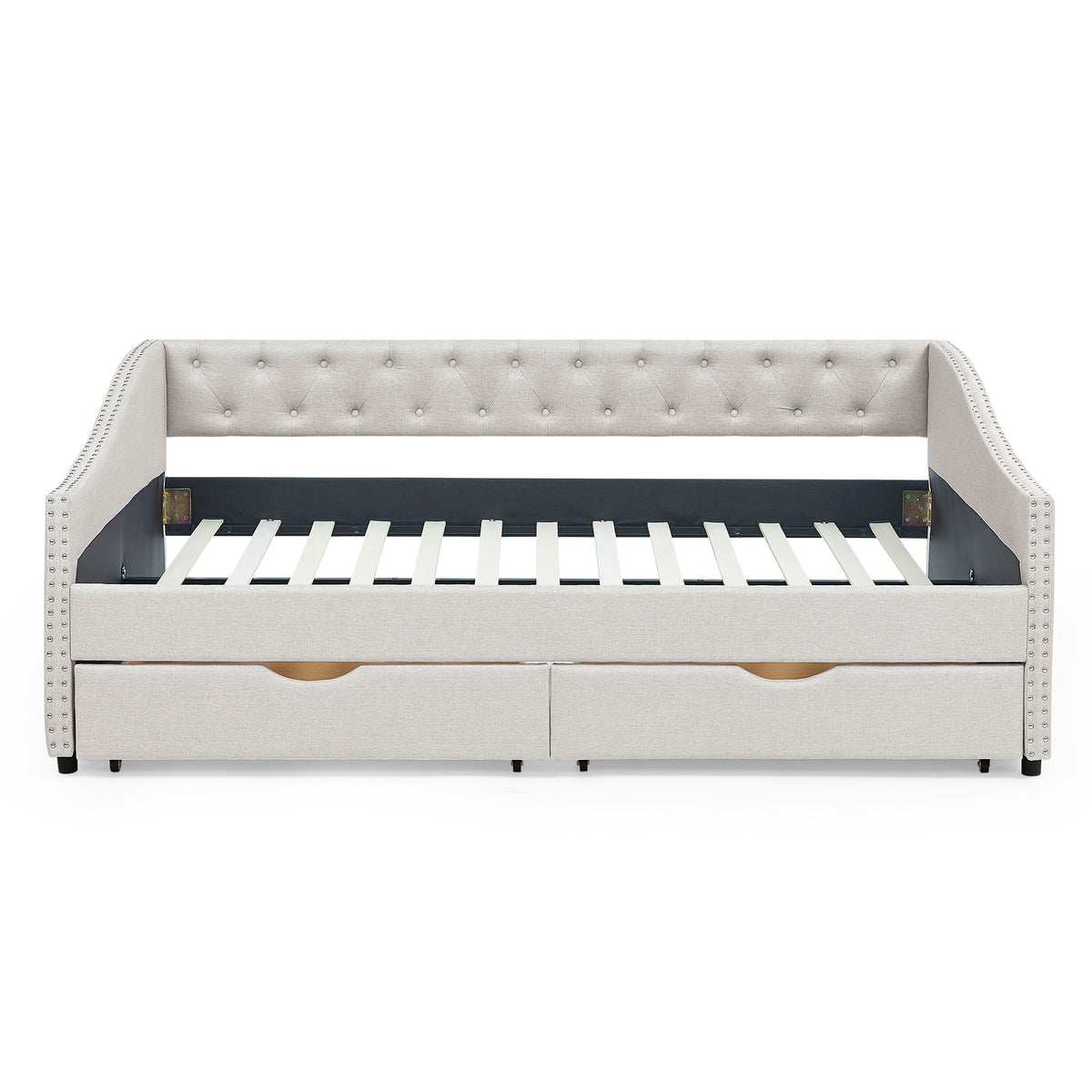 Upholstered Tufted Daybed With Drawers, Waved Arms