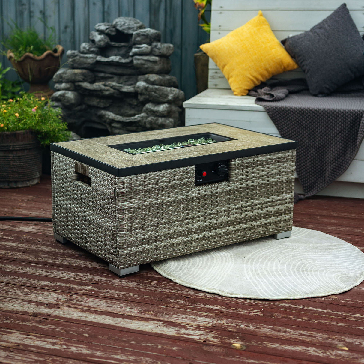 Propane Gas Fire Pit Table With Propane Tank Cover, 50000 Btu, Rectangular For Outside - Beige