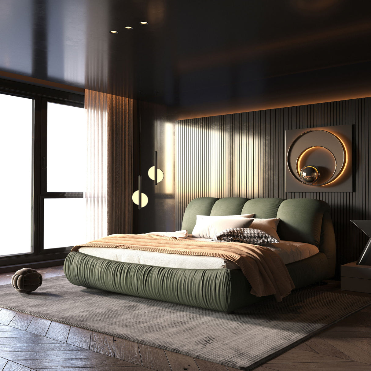 Luxury Upholstered Platform Bed With Oversized Padded Backrest And Solid Wood Frame