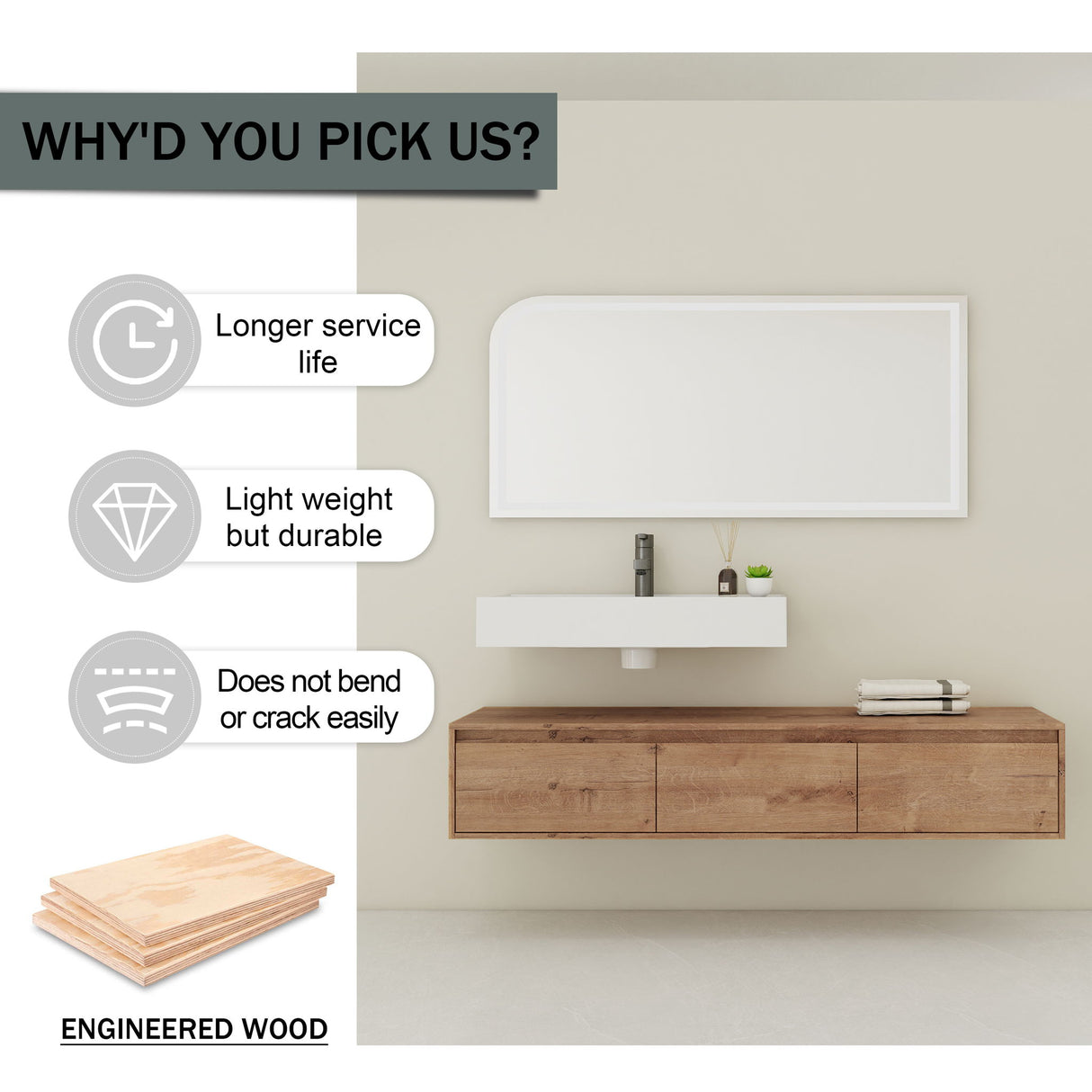 Modern Wall Mounted Bathroom Vanity With Resin Sink, Soft Close Drawer - Imitative Oak